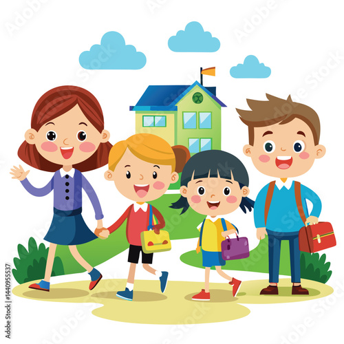 Happy children walking to school