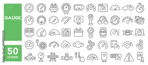 Set of 50 line icons related to gauge, meter, indicator, boost, dashboard, performance, barometer, tachometer, speedometer, Editable stroke. Vector illustration