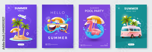 Fun and vibrant illustrations for summer themes: island getaway, sunglasses, pool party, and road trip. Summer posters in 3d style. Ideal for advertising, banner, and invitation. Vector eps 10