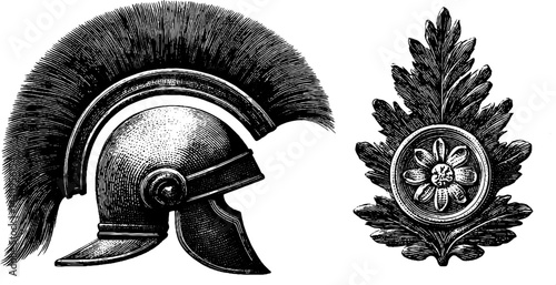 Engraved roman helmet and laurel design illustration for historical themes