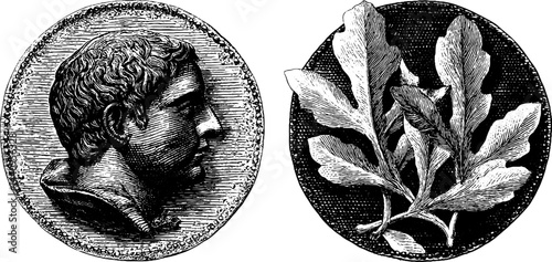 Engraved illustration of roman coin and laurel leaf set for historical designs