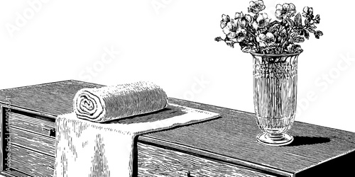 Elegant still life with sideboard and crystal vase featuring flowers for interior design and decoration