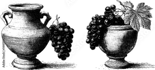 Vintage engraved illustration of amphorae and grapes perfect for antique design themes