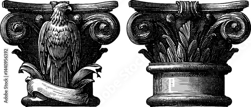Engraved illustration of classical pillar base with eagle design