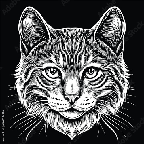 Detailed black and white illustration of a cat's head