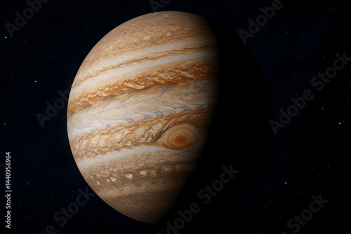 Planet Jupiter in deep space with visible bands and Great Red Spot astronomy image
