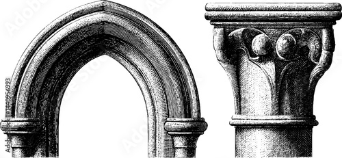 Intricate gothic architecture - ogival arch and column capital design elements