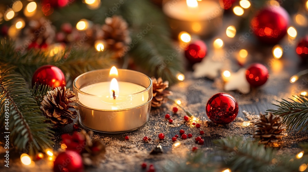 Lit candle with ornaments, pine branches, and garland in a cozy holiday setting Lit candle with ornaments, pine branches, and garland in a cozy holiday setting