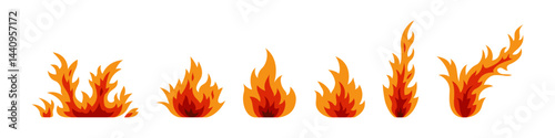 A collection of six cartoon-style fire flames in various shapes, ideal for hot, energy, or warning-themed design projects