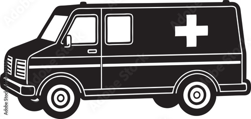 Black and white vector illustration of an ambulance vehicle with a medical cross symbol, isolated on a white background, ideal for healthcare, emergency services, and medical design projects.