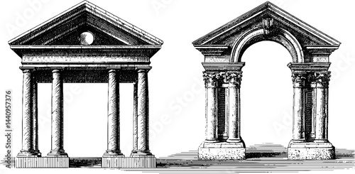 Detailed engraved illustration of classical architectural structures with columns