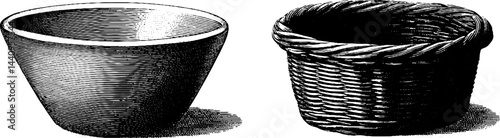 Vintage fabric weave and wicker basket engravings set for artistic design