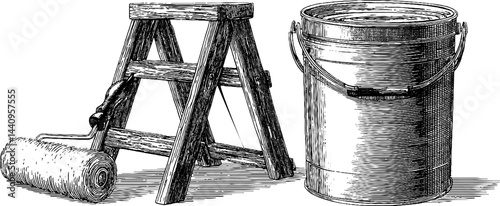 Vintage engraved illustration of paint bucket, roller, and ladder for home renovation design