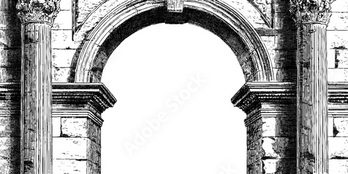 Engraved architectural illustration of classical forum and archway design