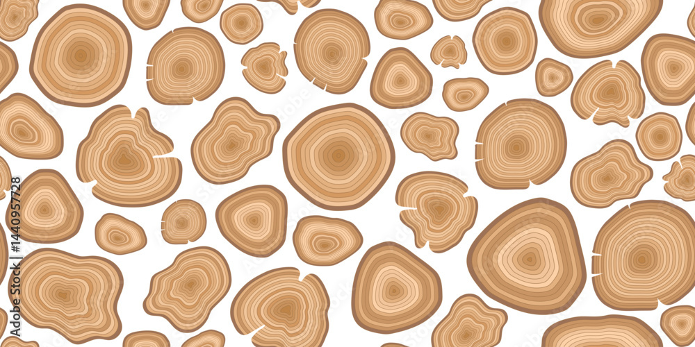 Obraz premium A seamless pattern of various tree log cross-sections with visible growth rings, set against a white background for a clean, natural design