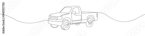 Minimalist one line drawing of a pickup truck in black on white, perfect for automotive design, icons, or modern art