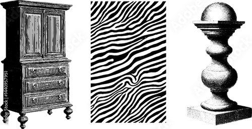 Engraved illustration set of fragmented cabinet and decor elements for vintage design
