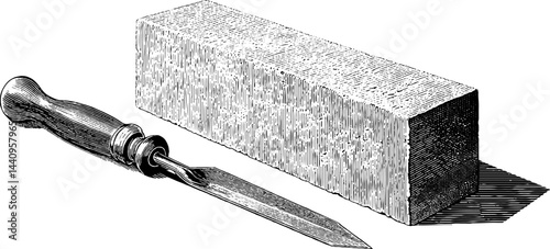 Engraved illustration of concrete block and level for construction and design concepts