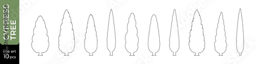 Minimalist collection of 10 cypress tree outlines in line art style, ideal for vector design, landscaping, and architectural sketches. Editable stroke