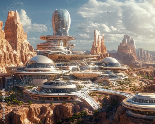 Advanced architecture melds rugged landscape bustling futuristic Anunnaki city built aliens, photorealistic crisp detail capture.