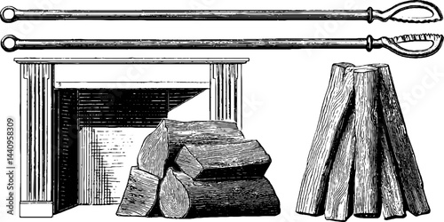 Vintage engraved illustration set featuring fireplace essentials and tools