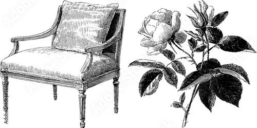 Engraved illustration of upholstered bench and flower design for artistic decoration