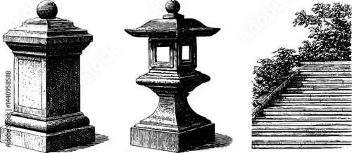 Engraved illustration set of stone lantern designs and stone staircase landscape