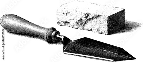 Engraved illustration of masonry chisel and brick for construction themes