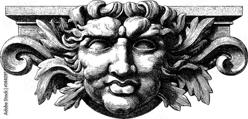 Baroque keystone face engraving with intricate architectural design. Ornate sculpture and vintage carving on a classical façade