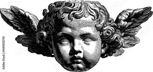 Vintage engraving of a winged cherub with bold details for art and design projects