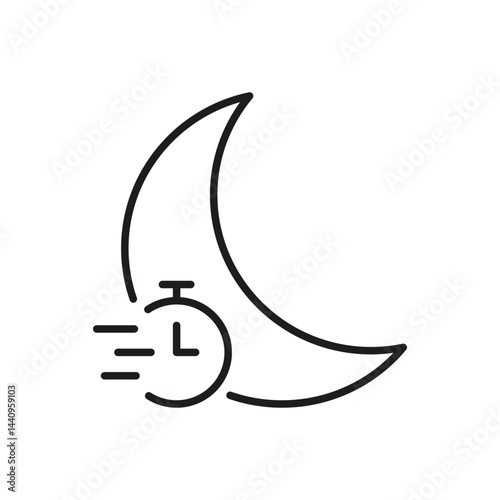 Moon With Stopwatch Line Icon. Nighttime Efficiency, Sleep Tracking, And Time Management Outline Symbol. Restful Sleep Optimization. Editable Stroke. Isolated Vector Illustration