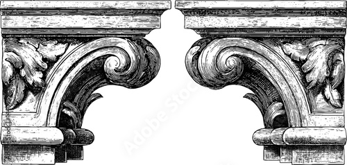 Engraved illustration of ancient cornice elements for architectural design