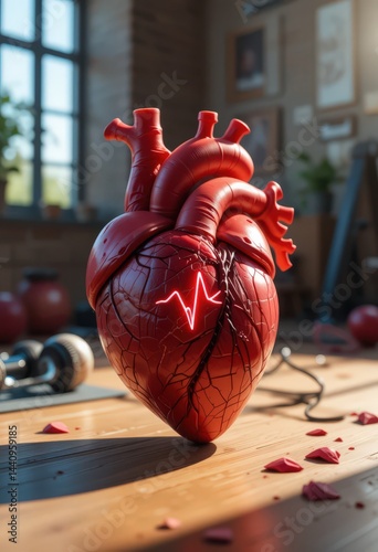 Anatomical heart with glowing pulse on wooden table in gym.
