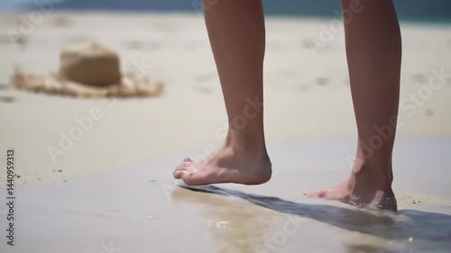 Walking on Beach Shoreline Slow Motion Barefoot in Water