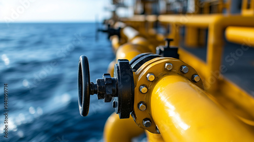 Macro shot of yellow steel piping curving along the platform of an offshore oil facility, with heavy-duty flanges and rust-resistant bolts, ocean waves blurred in the distant backg