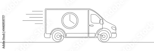 A simple vector line drawing of a delivery van with a clock symbol and motion lines, symbolizing fast delivery or time-sensitive services
