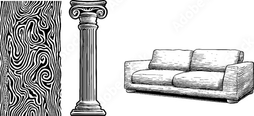 Engraved illustration of classical column and cozy sofa for artistic design