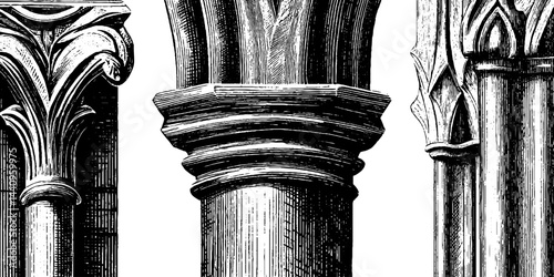 Intricate engraved illustrations of cathedral columns for architectural design