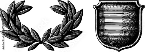 Vintage engraved laurel wreath and shield design for historical decoration