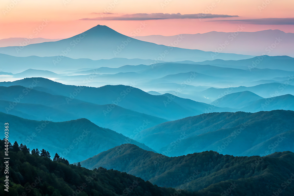 Serene sunset hues create a breathtaking panorama of rolling hills and mountains, forming a tranquil landscape bathed in soft pastel light.