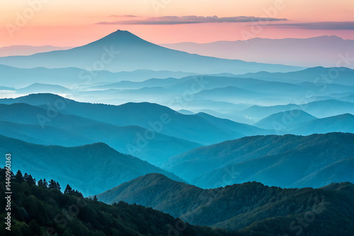 Obraz na płótnie Serene sunset hues create a breathtaking panorama of rolling hills and mountains, forming a tranquil landscape bathed in soft pastel light.
w salonie