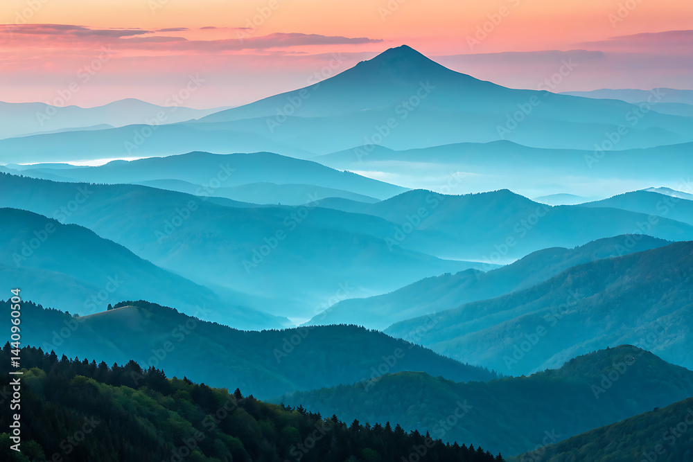 Serene sunset hues create a breathtaking panorama of rolling hills and mountains, forming a tranquil landscape bathed in soft pastel light.