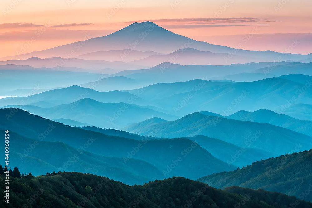 Serene sunset hues create a breathtaking panorama of rolling hills and mountains, forming a tranquil landscape bathed in soft pastel light.
