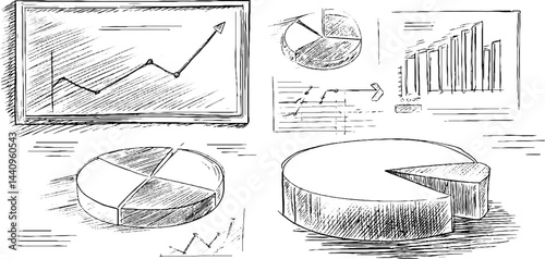 Engraved illustration of whiteboard charts and diagrams for business and education design
