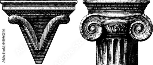 Engraved illustrations of acropolis architecture elements for historical design