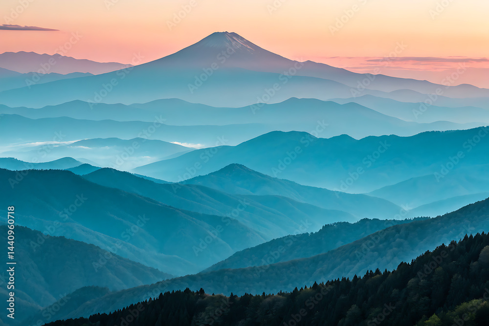 Serene sunset hues create a breathtaking panorama of rolling hills and mountains, forming a tranquil landscape bathed in soft pastel light.