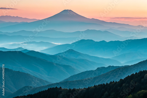 Obraz na płótnie Serene sunset hues create a breathtaking panorama of rolling hills and mountains, forming a tranquil landscape bathed in soft pastel light.
w salonie