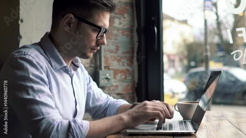 Man Typing on Laptop at Cafe Window Working Remotely