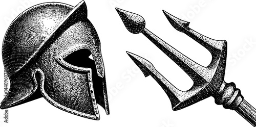 Engraved gladiator helmet and trident illustration for historical design and decoration