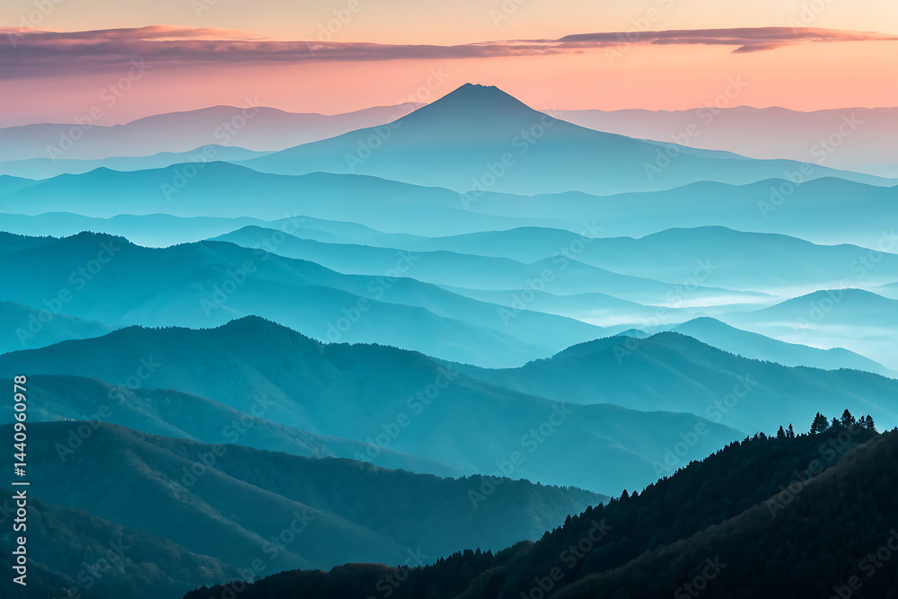 Serene sunset hues create a breathtaking panorama of rolling hills and mountains, forming a tranquil landscape bathed in soft pastel light.